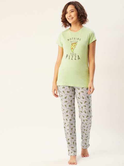 

Sweet Dreams Women Green & Grey Melange Pure Cotton Typography Print Night suit