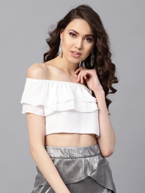 

SASSAFRAS Women White Solid Crop Bardot Top