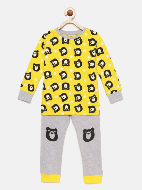 

ventra Girls Yellow & Grey Printed Pure Cotton Night Suit