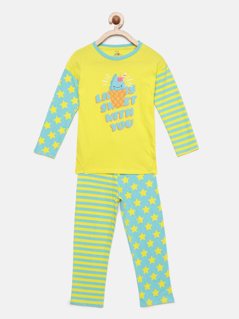 

ventra Girls Yellow & Green Printed Night suit