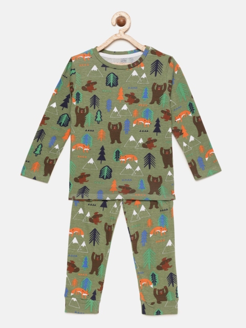 

ventra Boys Olive Green & Orange Printed Night suit