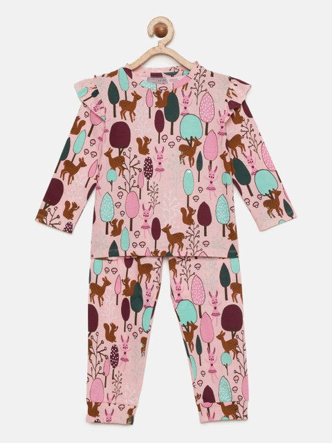 

ventra Girls Pink & Sea Green Printed Pure Cotton Night Suit