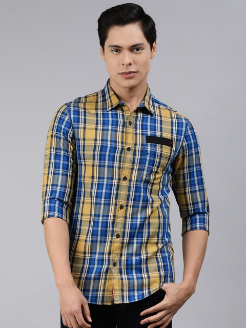 

SPYKAR Men Mustard Yellow & Blue Slim Fit Tartan Checked Pure Cotton Casual Shirt