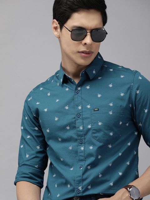 

SPYKAR Men Teal Blue & White Slim Fit Opaque Printed Casual Shirt