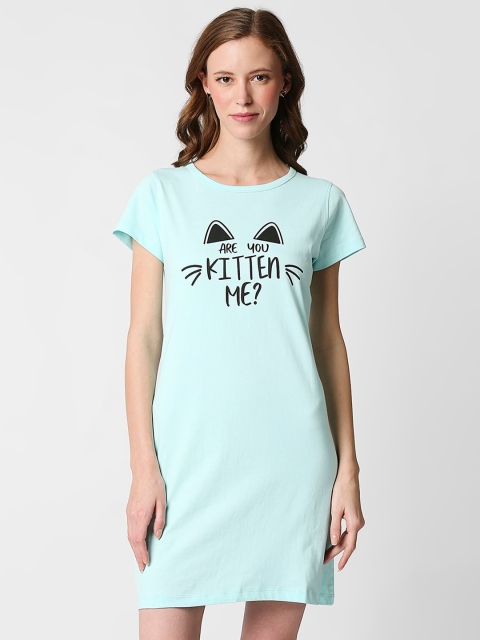 

Bewakoof Turquoise Blue & Black Printed Nightdress
