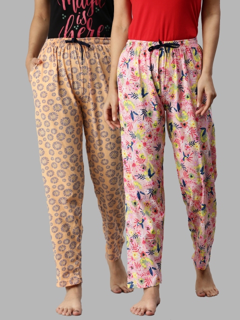 

Kryptic Women Pack Of 2 Pink & Orange Printed Pure Cotton Lounge Pants