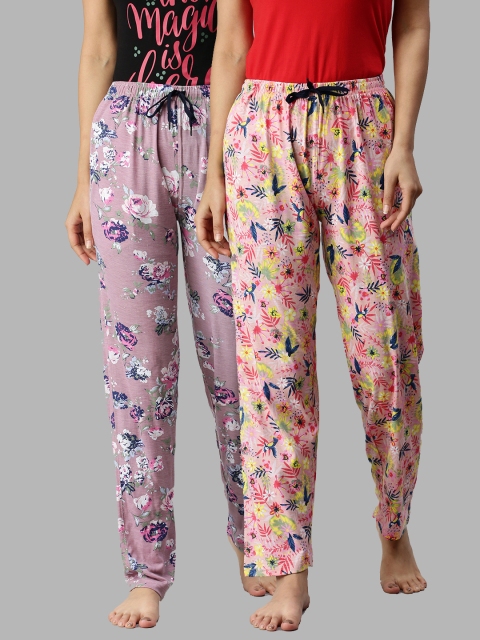 

Kryptic Women Pack Of 2 Pink & Lavender Printed Pure Cotton Lounge Pants