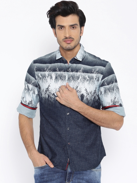 

Locomotive Navy Printed Slim Fit Casual Shirt, Navy blue