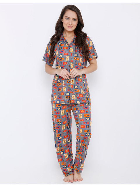 

Pretty Awesome Women Grey & Orange Printed Night Suit