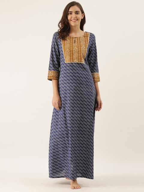 

Bannos Swagger Blue & Camel Brown Printed Nightdress