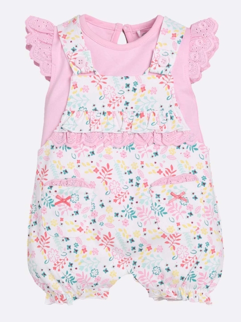 

BABY GO Unisex Kids White & Pink Solid Cotton Top with Dungarees