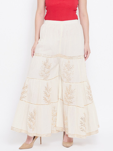 

TULIP 21 Women Off-White & Gold-Toned Embroidered Flared Palazzos