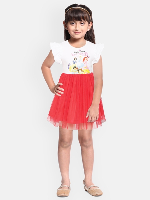 

Colt Girls White & Coral Pink Disney Princess Print Midi Twofer Fit & Flare Dress