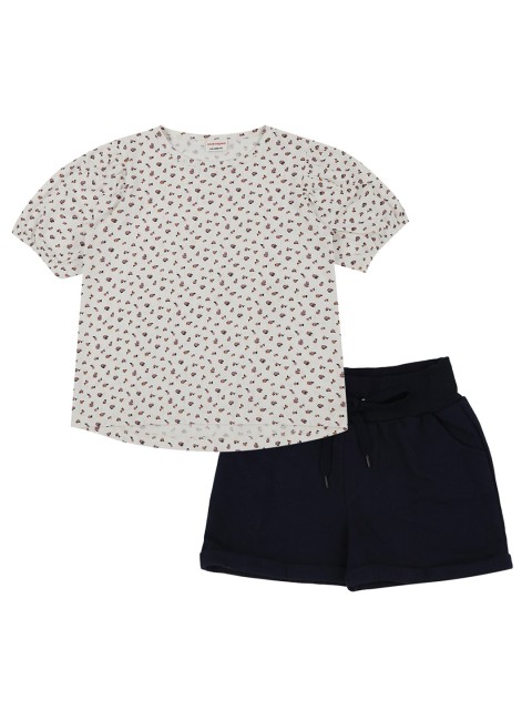 

RAINE AND JAINE Girls White & Navy Blue Printed Cotton T-shirt with Shorts