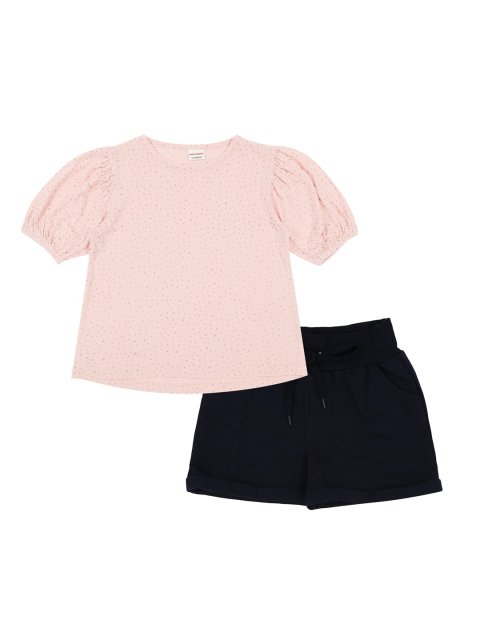 

RAINE AND JAINE Girls Pink & Navy Blue Printed T-shirt with Shorts