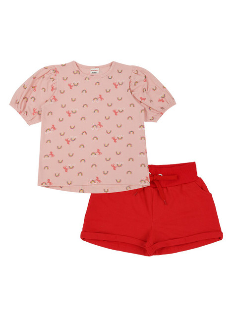 

RAINE AND JAINE Girls Pink & Red Printed T-shirt with Shorts