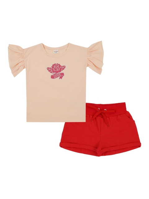 

RAINE AND JAINE Girls Peach-Coloured & Red Printed Cotton T-shirt with Shorts