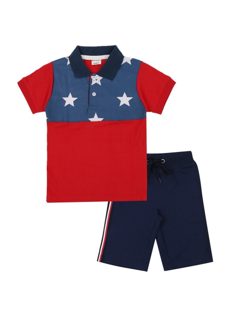 

RAINE AND JAINE Boys Red & Navy Blue Printed T-shirt with Shorts