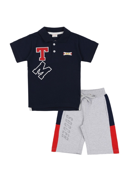 

RAINE AND JAINE Boys Navy Blue & Grey Melange Printed T-shirt with Shorts