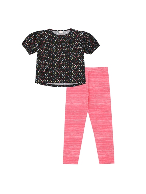 

RAINE AND JAINE Girls Black & Pink Printed Cotton T-shirt with Leggings