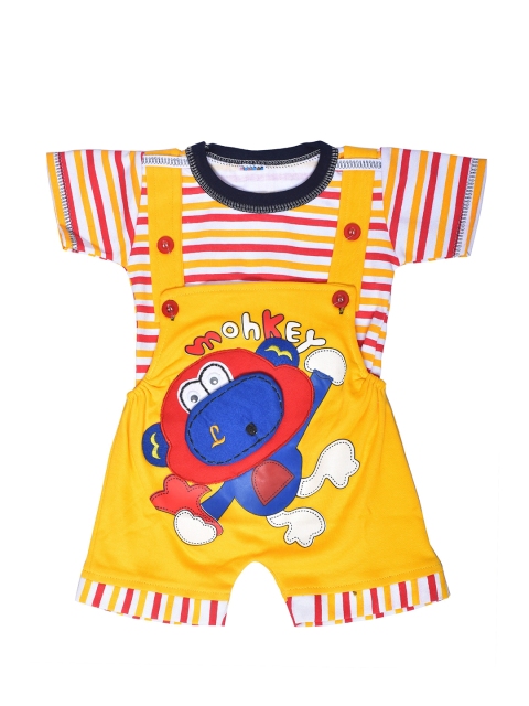 

BORN WEAR Unisex Kids Multicoloured Striped Cotton T-shirt with Dungarees, Multi