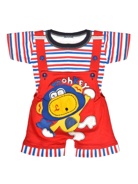 

BORN WEAR Unisex Kids Red & White Striped Cotton T-shirt with Dungaree Shorts
