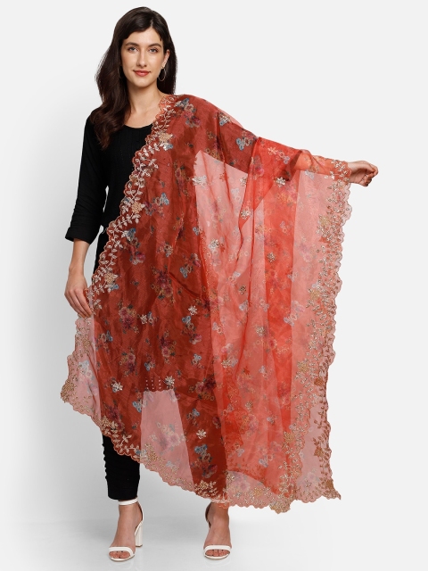 

amraoo Orange Printed Organza Dupatta
