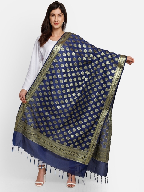 

amraoo Navy Blue & Gold-Toned Woven Design Banarasi Silk Dupatta