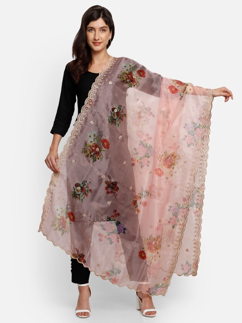

amraoo Peach-Coloured & Green Printed Organza Dupatta