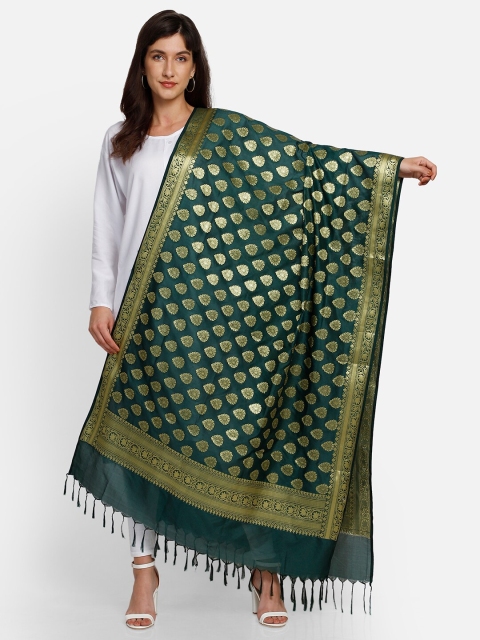 

amraoo Green & Gold-Toned Woven Design Banarasi Silk Dupatta