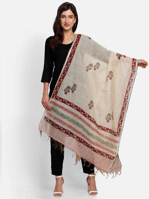 

amraoo Beige & Red Printed Cotton Dupatta