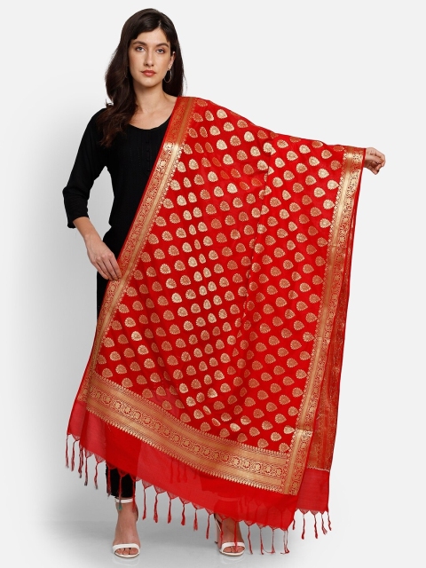

amraoo Red & Gold-Toned Woven Design Banarasi Silk Dupatta