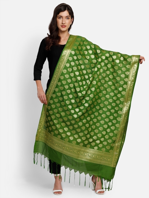 

amraoo Green & Gold-Toned Woven Design Banarasi Silk Dupatta