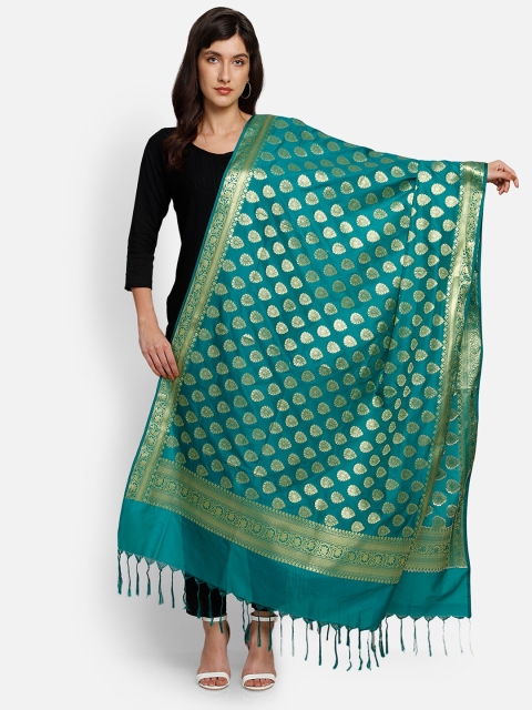 

amraoo Teal & Gold-Toned Woven Design Banarasi Dupatta