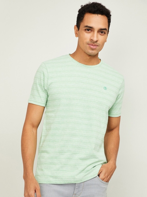 

Bossini Men Green & Off White Pure Cotton Striped Round Neck Slim Fit T-shirt