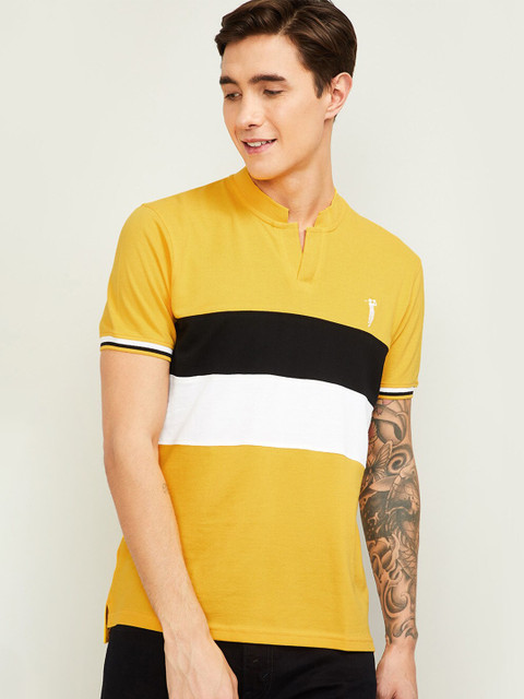 

Bossini Men Mustard Yellow & Black Pure Cotton Striped Mandarin Collar Slim Fit T-shirt