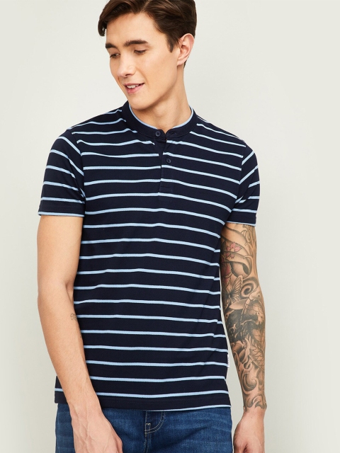 

Fame Forever by Lifestyle Men Navy Blue Striped Cotton Henley Neck T-shirt