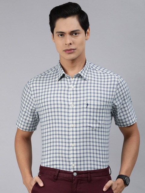 

Indian Terrain Men Beige & Blue Slim Fit Checked Pure Cotton Smart Casual Shirt