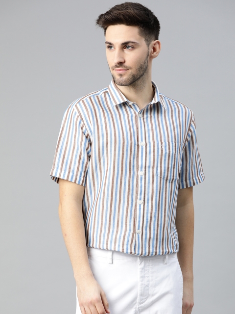 

Indian Terrain Men White & Blue Linen Cotton Slim Fit Striped Casual Shirt