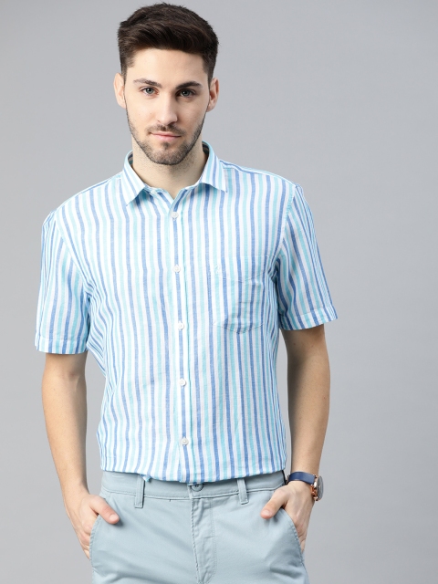 

Indian Terrain Men White & Blue Linen Cotton Slim Fit Striped Casual Shirt