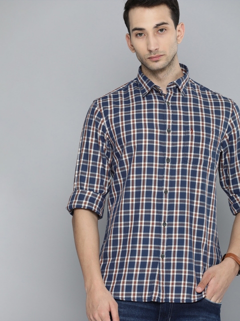 

Indian Terrain Men Navy Blue Slim Fit Checked Pure Cotton Casual Shirt