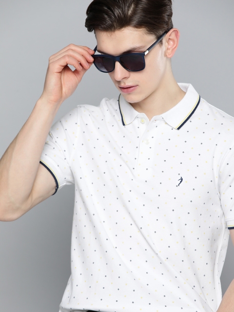 

Indian Terrain Men White & Navy Blue Pure Cotton Geometric Printed Polo Collar T-shirt