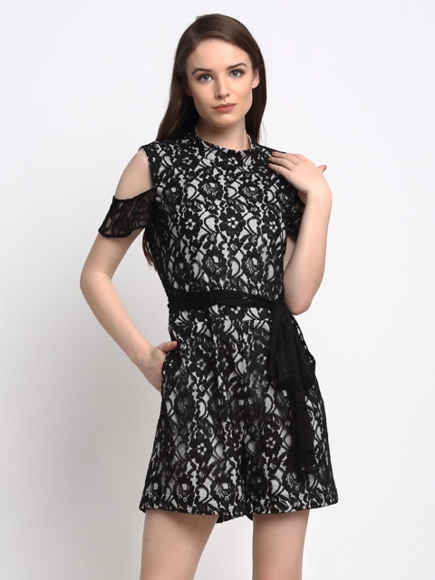 

Just Wow Women Black & White Lace Self Design Playsuit