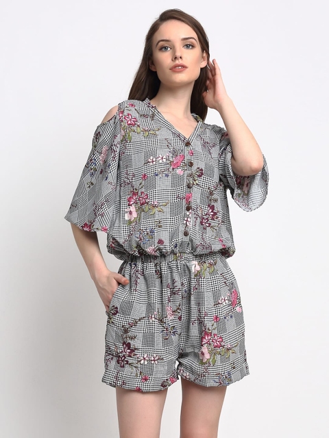 

Just Wow Women Black & White Printed Pure Cotton Playsuit