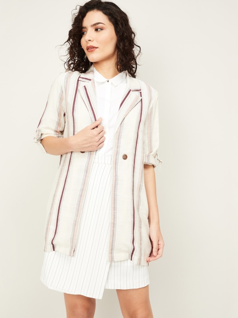 

CODE by Lifestyle Women Off-White & Beige Pure Cotton Striped Open Front Shrug