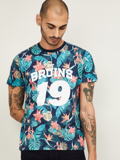 

UCLA Men Navy Blue Red Floral Printed Slim Fit Round Neck Pure Cotton T-shirt