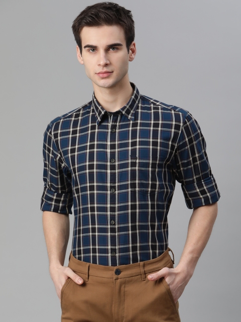 

Indian Terrain Men Blue & Black Slim Fit Checked Pure Cotton Formal Shirt