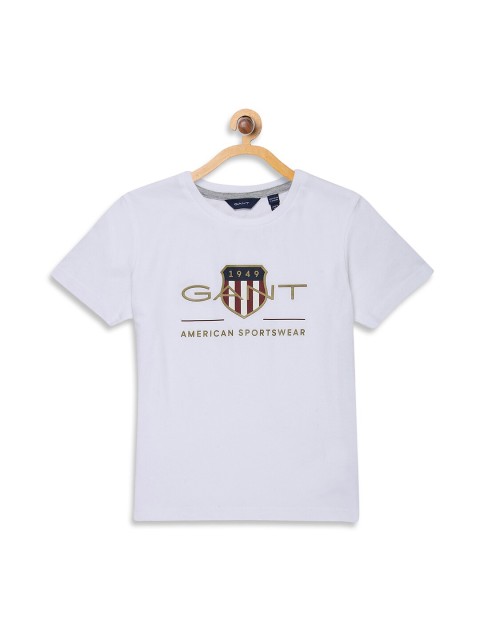 

GANT Boys Off-White & Beige Brand Logo Print Slim Fit Pure Cotton Round Neck T-shirt