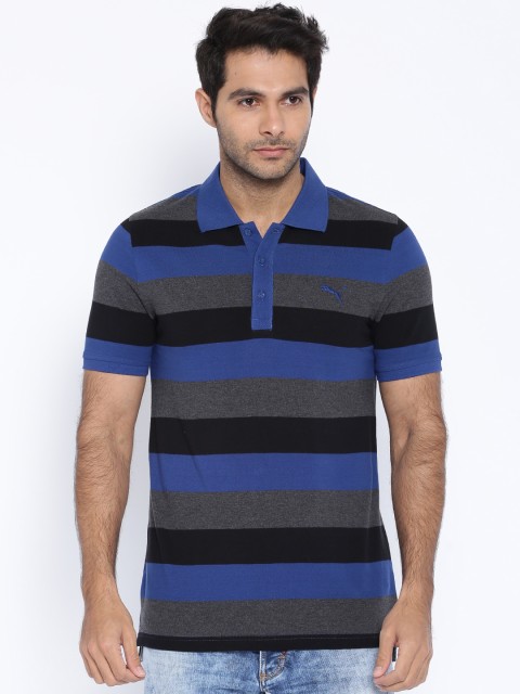 

PUMA Charcoal Grey & Navy Striped Polo T-shirt