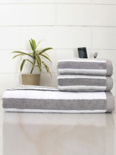 

AVI Living Grey & White Set Of 3 Striped 550 GSM Towel Set